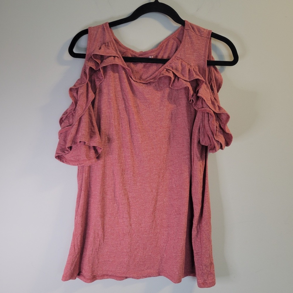 a.n.a A New Approach Womens XL Cold Shoulder Ruffle Top Heathered Rose Pink